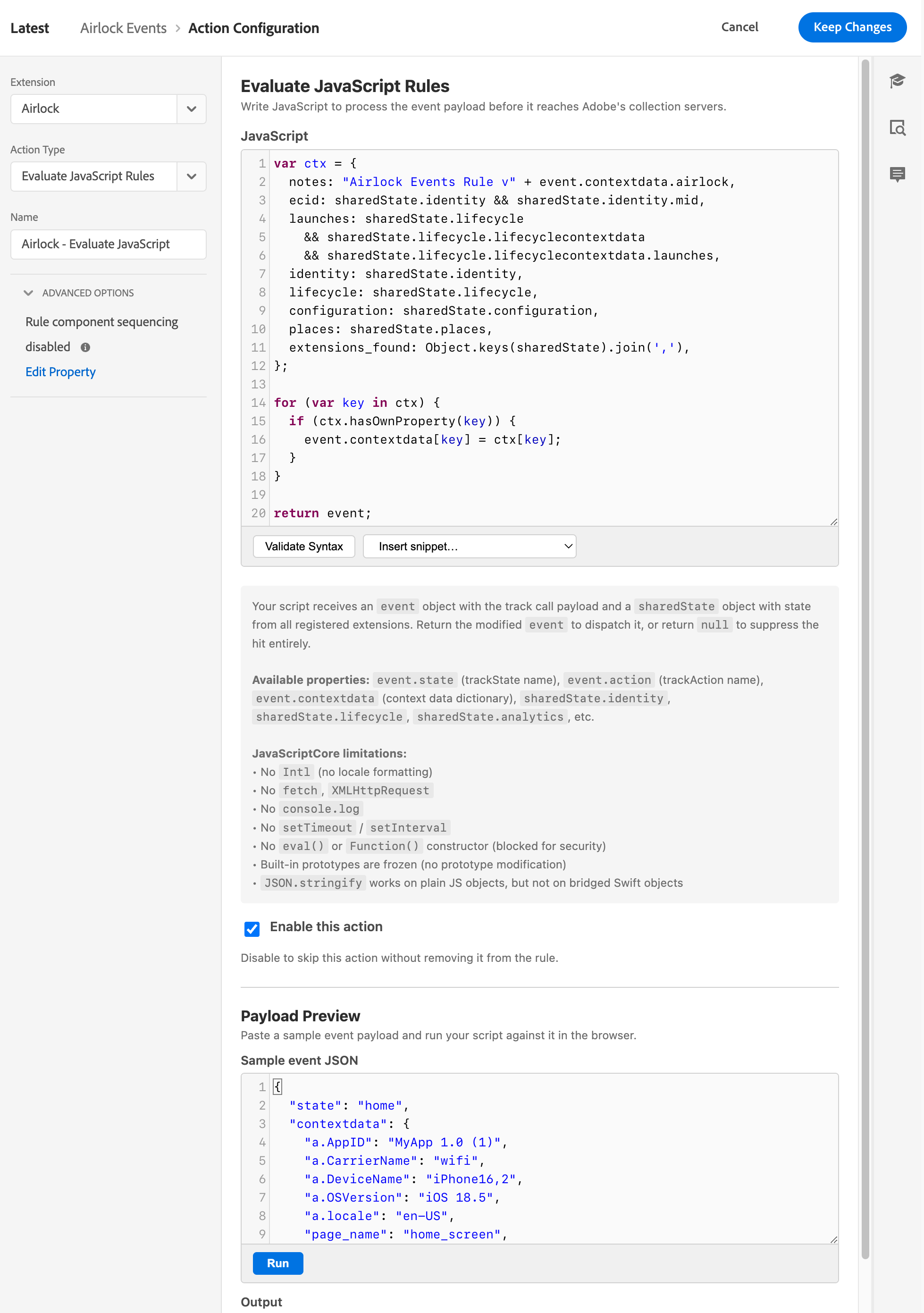 Example Evaluate JavaScript Rule Action